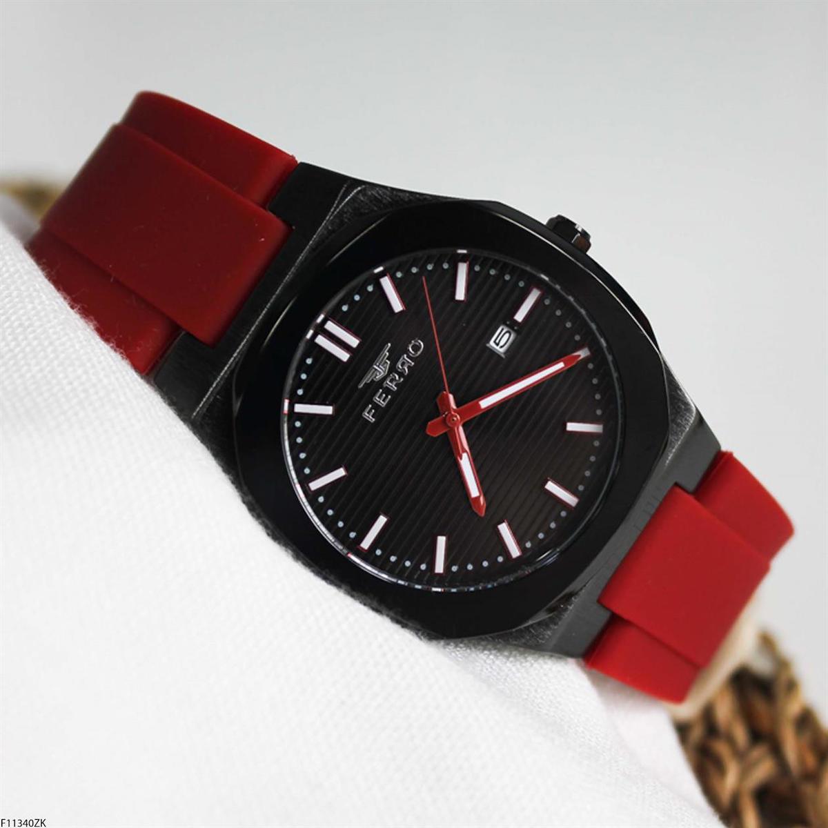 Ferro F11340ZK Takvimli 41 mm Kırmızı Silikon Kordon Analog Erkek Kol Saati