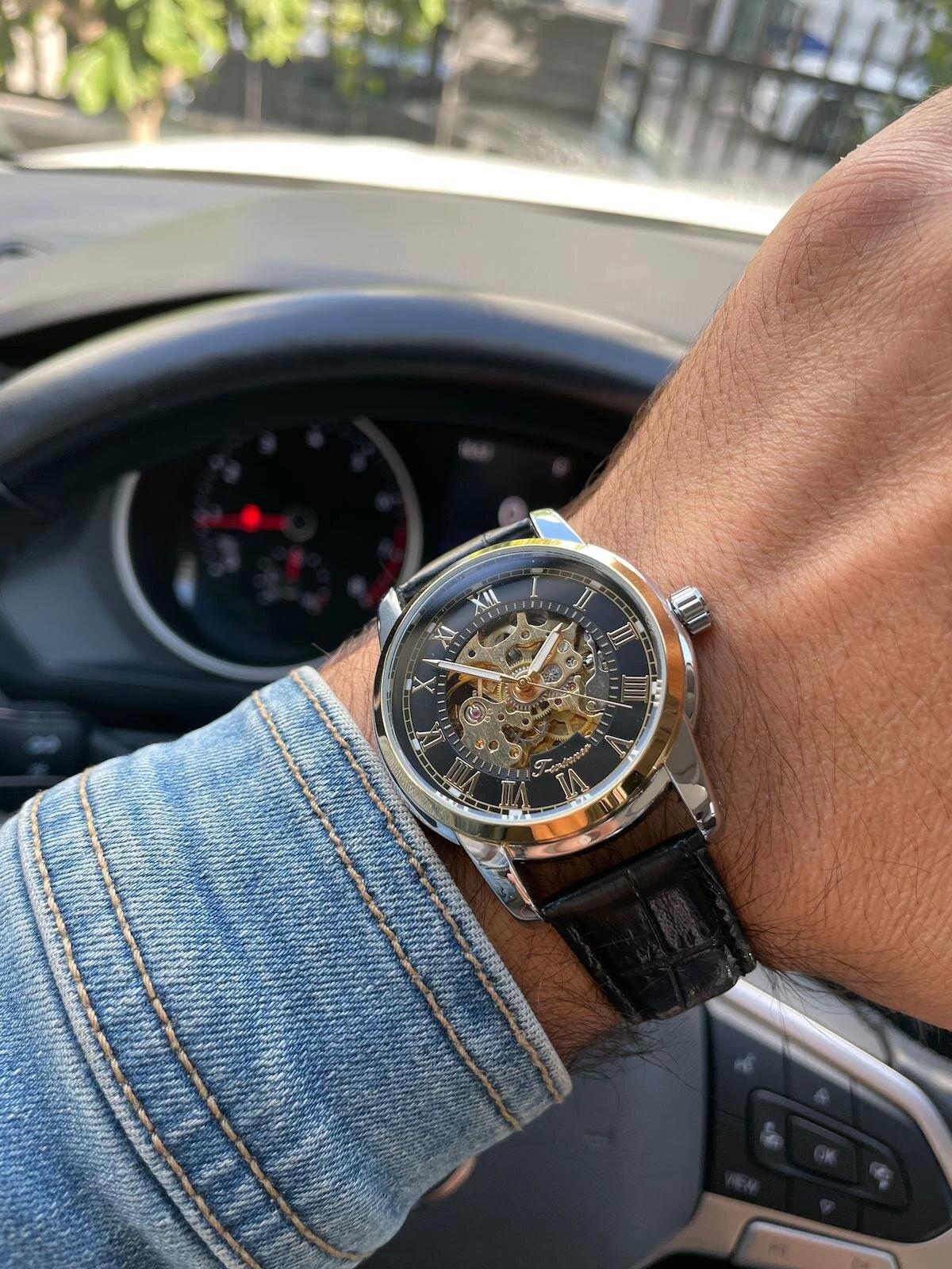 Forsining FRSNG23 44 mm Siyah Deri Kordon Analog Erkek Kol Saati
