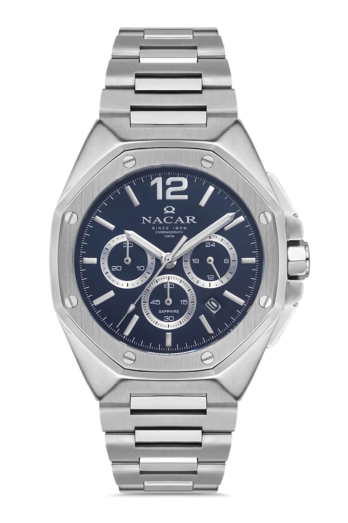 Nacar 0829430493ALSM Takvimli 44 mm Çelik Kordon Analog Kol Saati