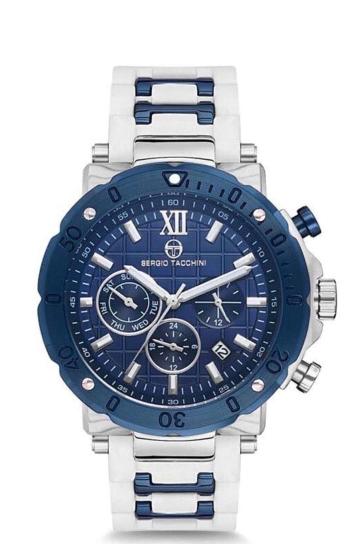 Sergio Tacchini ST.18.102.06 Takvimli 45 mm Beyaz-Lacivert Çelik Kordon Analog Erkek Kol Saati