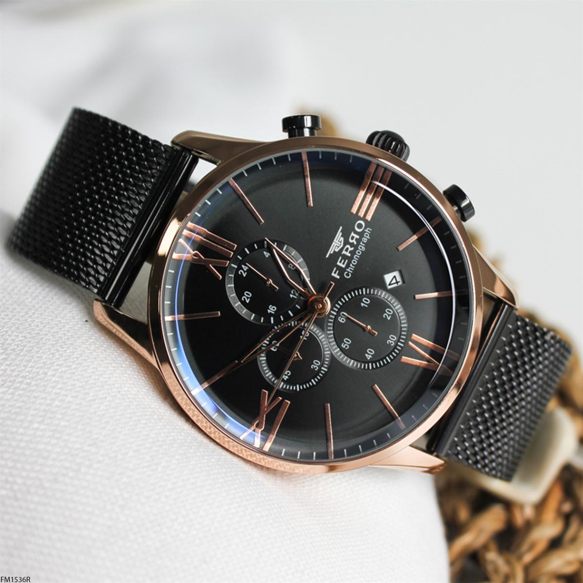 Ferro FM1536R Takvimli 45 mm Siyah Metal Kordon Analog Erkek Kol Saati