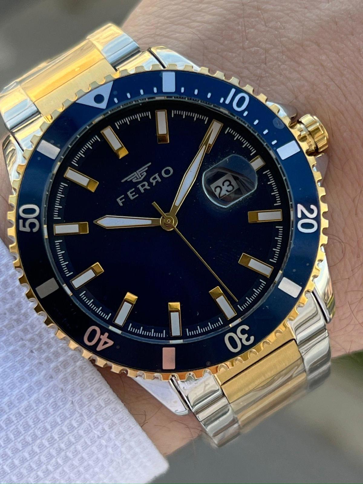 Ferro EFM11238-D2 Su Geçirmez Takvimli 44 mm Altın-Çelik Kordon Analog Erkek Kol Saati