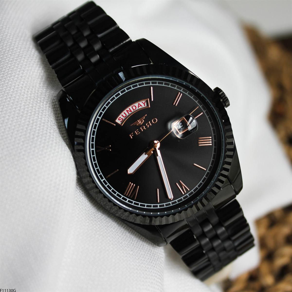 Ferro F11130G Takvimli 41 mm Siyah Metal Kordon Analog Erkek Kol Saati