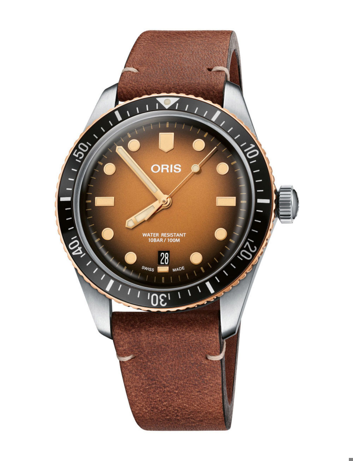 Oris Divers Sixty Five Takvimli 40 mm Kahverengi Deri Kordon Analog Kol Saati