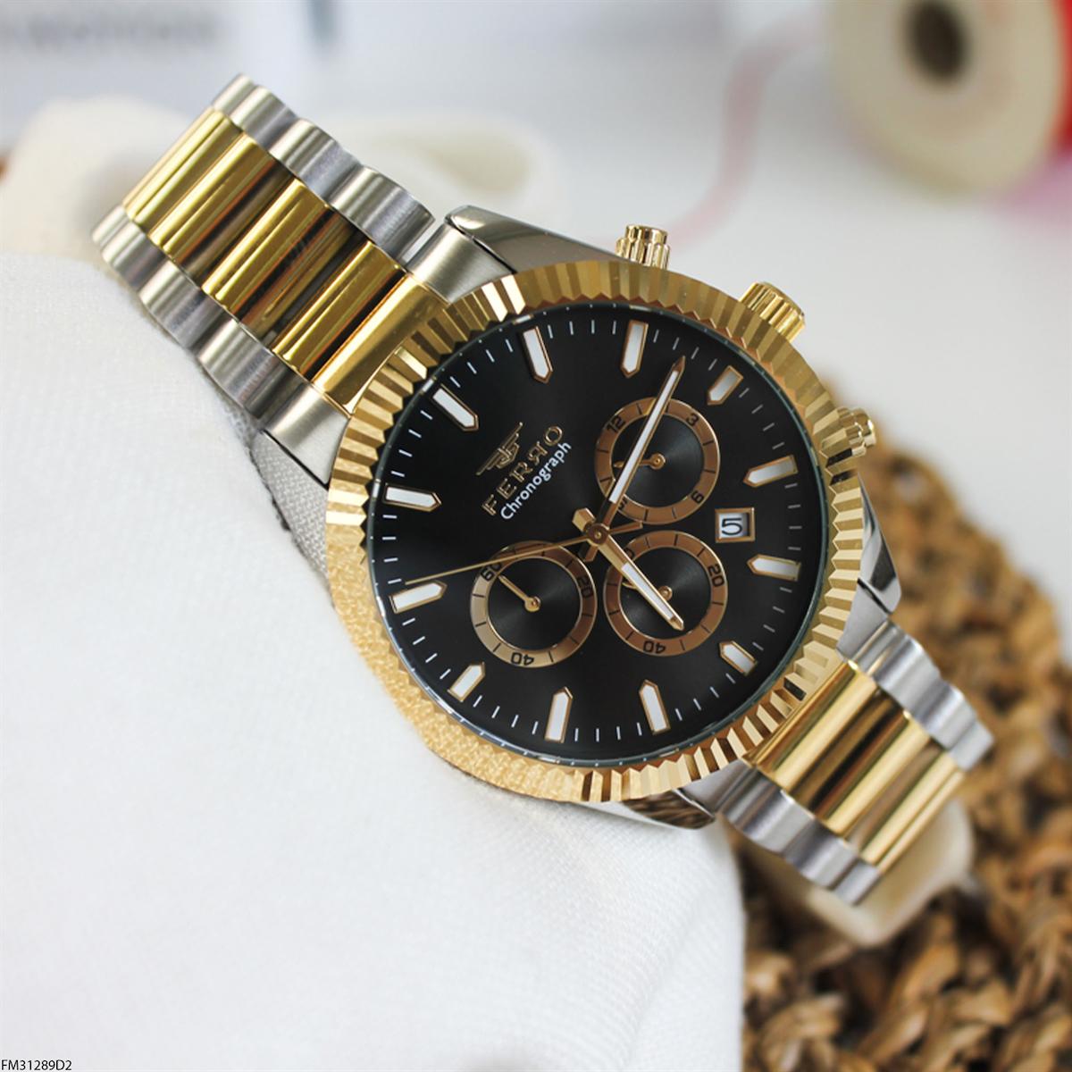 Ferro FM31289D2 Takvimli 43 mm Altın-Çelik Kordon Analog Erkek Kol Saati
