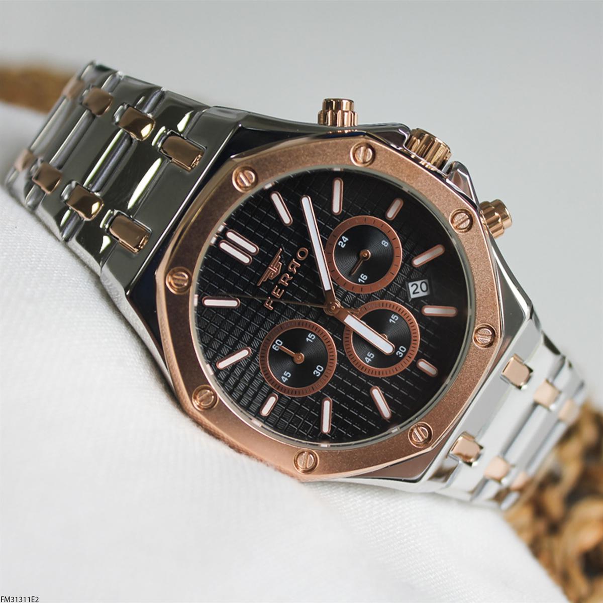 Ferro FM31311E2 Takvimli 42 mm Gri-Rose Gold Çelik Kordon Analog Erkek Kol Saati