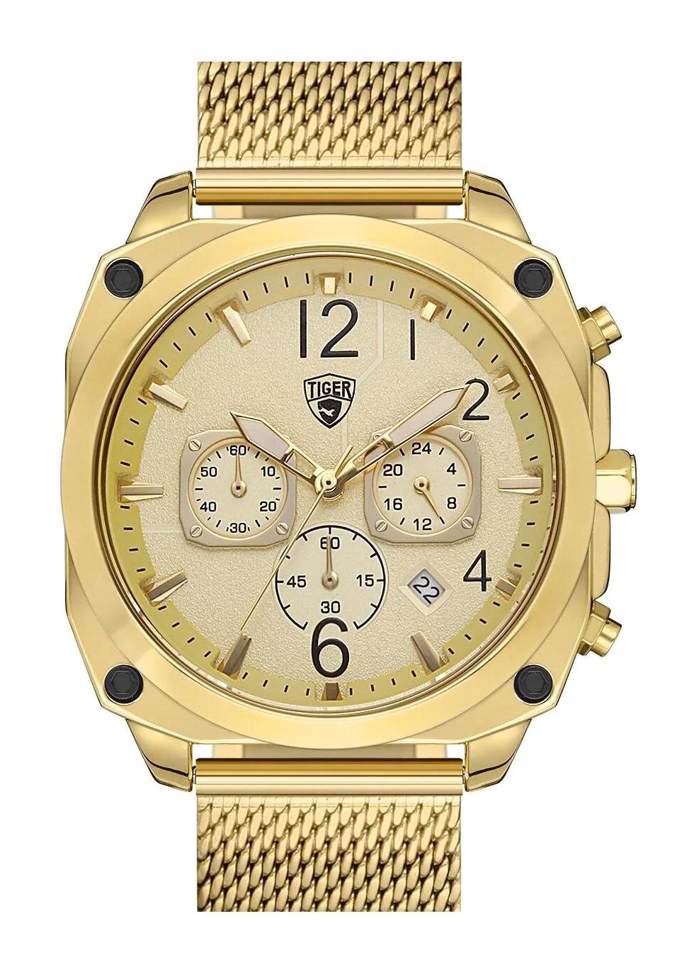 Tiger 604A Takvimli 44 mm Altın Çelik Kordon Analog Kol Saati