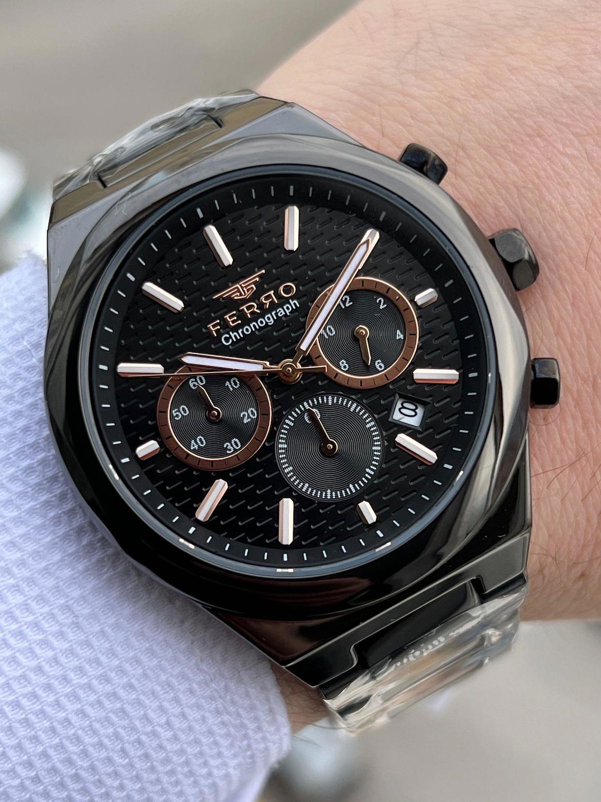 Ferro XF0027 Su Geçirmez Takvimli 44 mm Siyah Çelik Kordon Analog Erkek Kol Saati