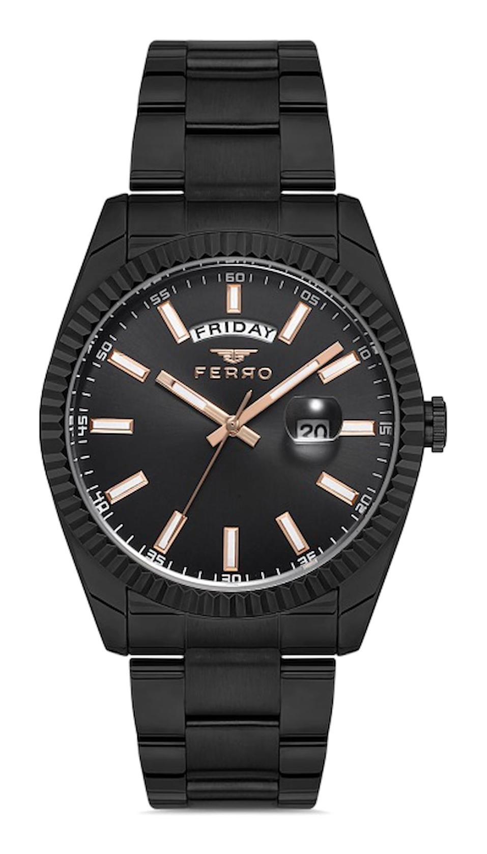 Ferro F11211A-G Takvimli 41 mm Siyah Metal Kordon Analog Erkek Kol Saati