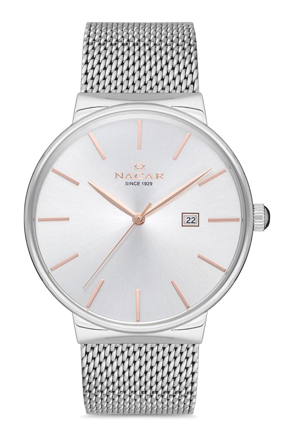 Nacar 34290431ASRM Takvimli 44 mm Çelik Kordon Analog Kol Saati