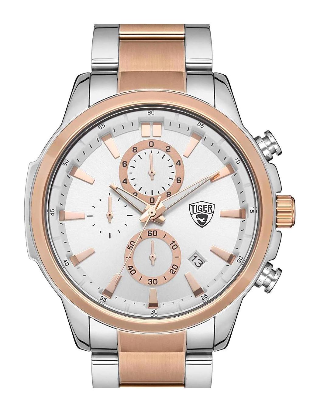 Tiger 609D Takvimli 44 mm Gri-Rose Gold Çelik Kordon Analog Kol Saati
