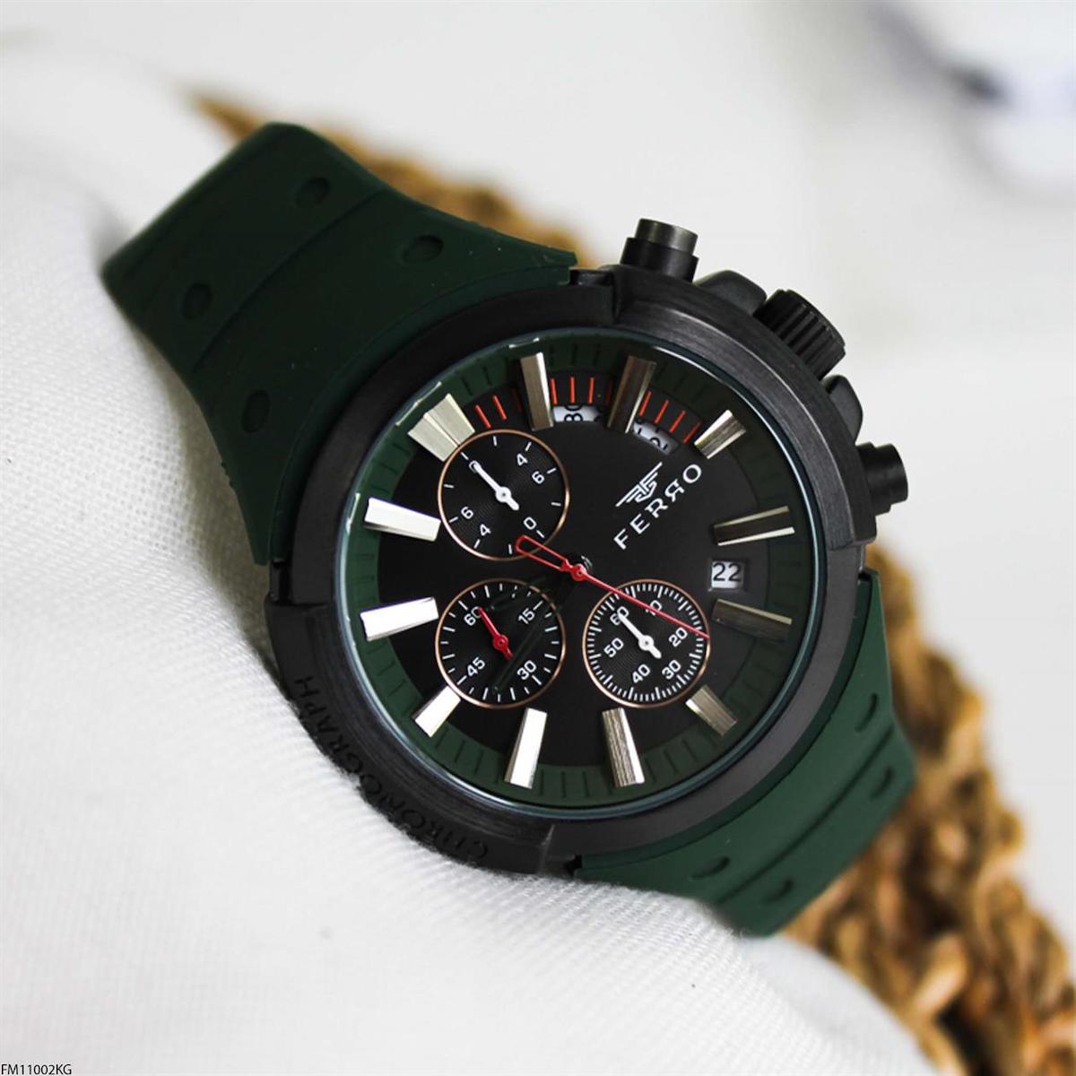 Ferro FM11002KG Takvimli 44 mm Haki Silikon Kordon Analog Erkek Kol Saati