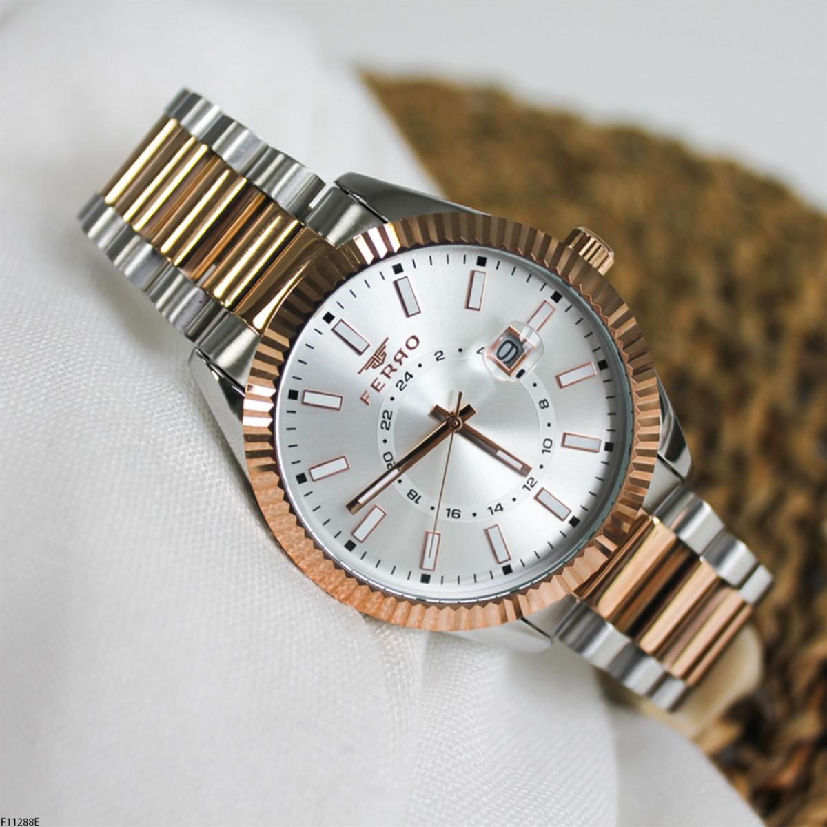 Ferro F11288E Takvimli 43 mm Altın-Çelik Kordon Analog Erkek Kol Saati