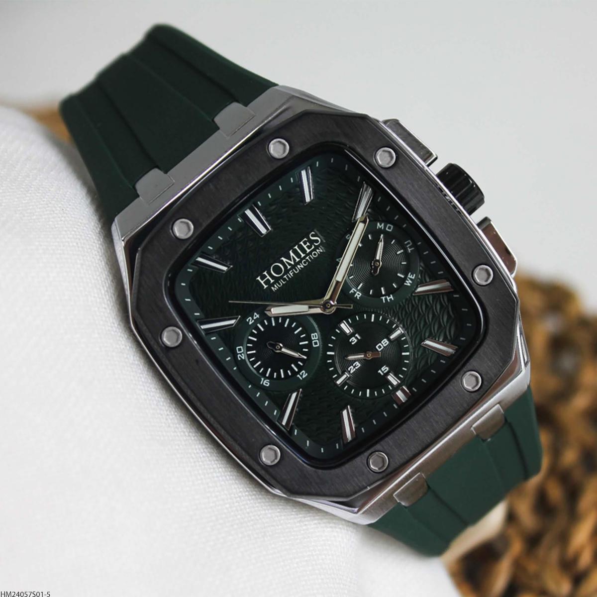 Homies HM24057S01-5 Pusulalı Takvimli Yeşil Silikon Kordon Analog Erkek Kol Saati
