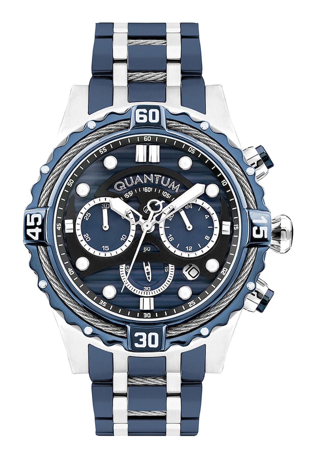 Quantum HNG1094.390 Takvimli 45 mm Gri-Lacivert Çelik Kordon Analog Erkek Kol Saati