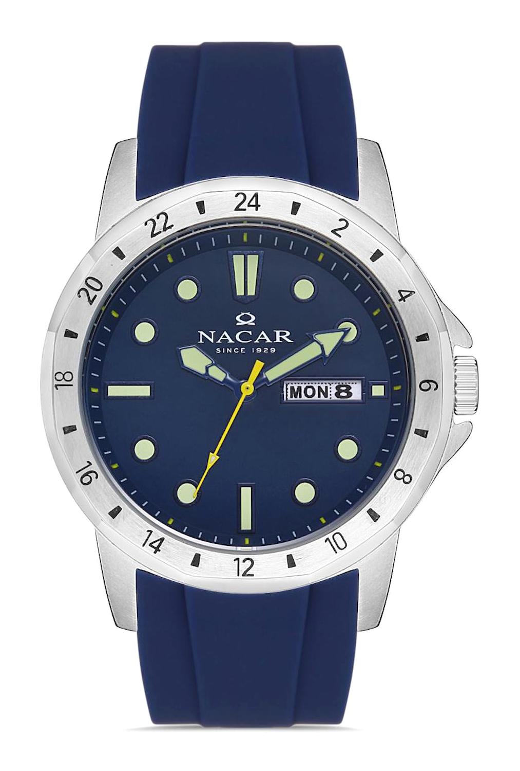 Nacar 21297208ALS3 Takvimli 44 mm Mavi Çelik Kordon Analog Kol Saati