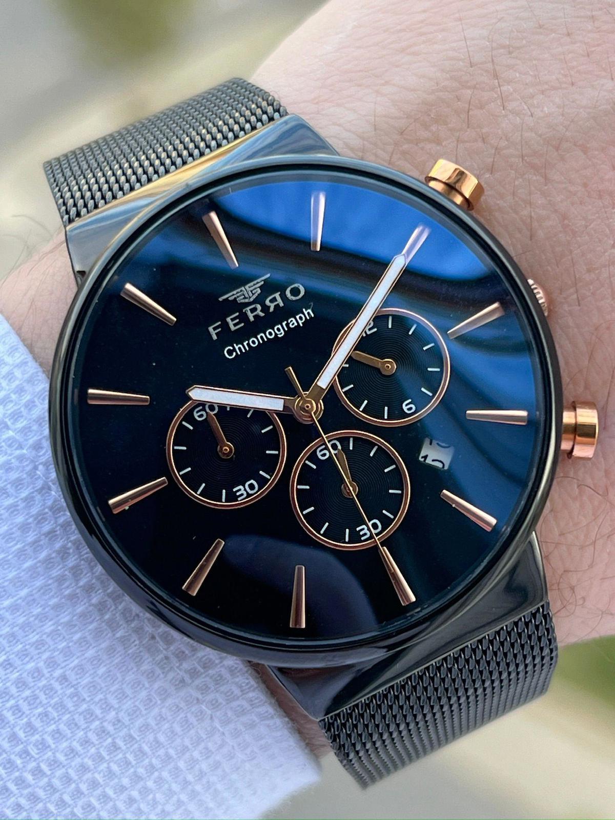 Ferro ETM3697 Su Geçirmez Pusulalı Takvimli 44 mm Siyah Çelik Kordon Analog Erkek Kol Saati