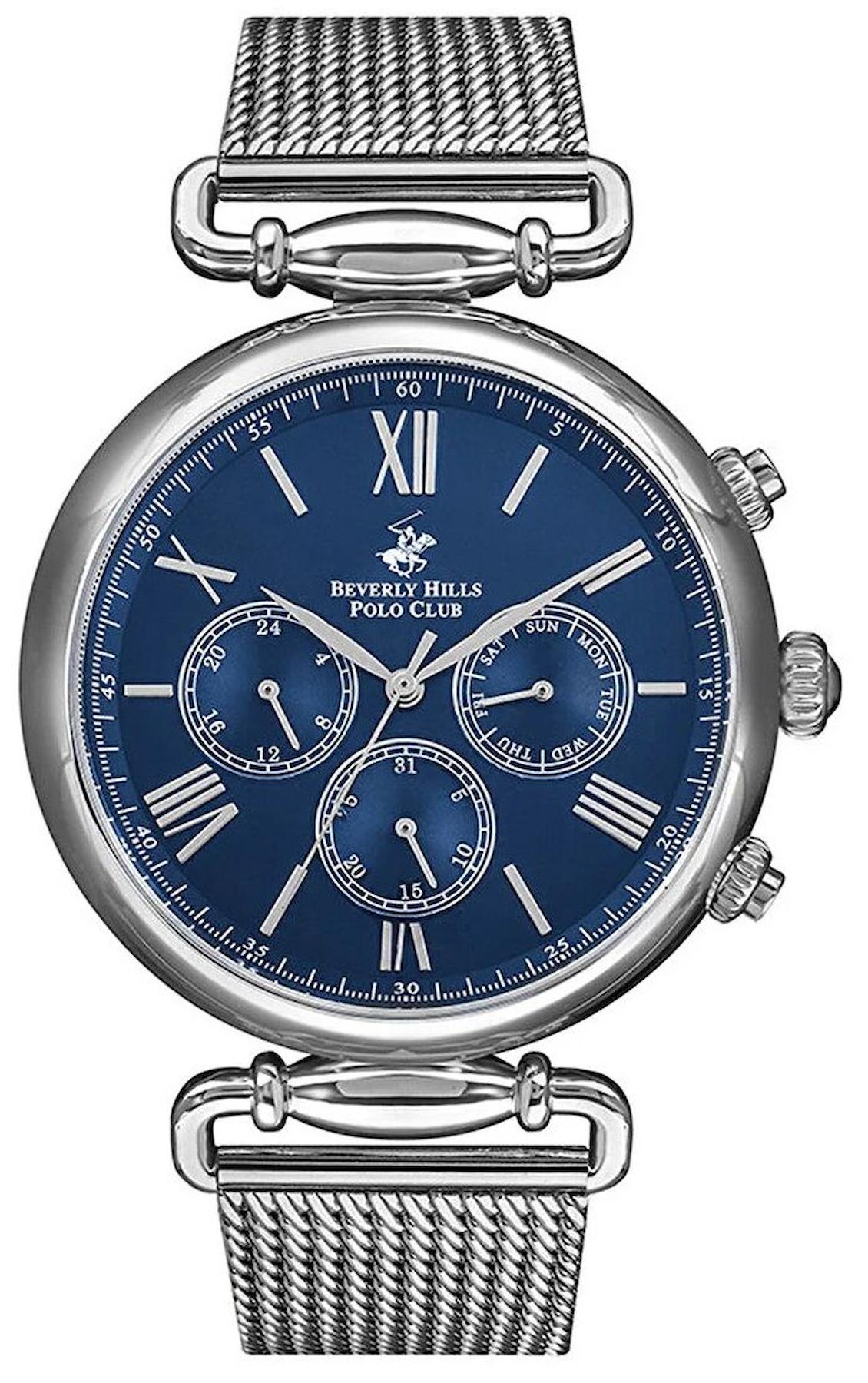 Beverly Hills Polo Club SWBP3146X390 Takvimli 46 mm Çelik-Hasır Kordon Analog Erkek Kol Saati