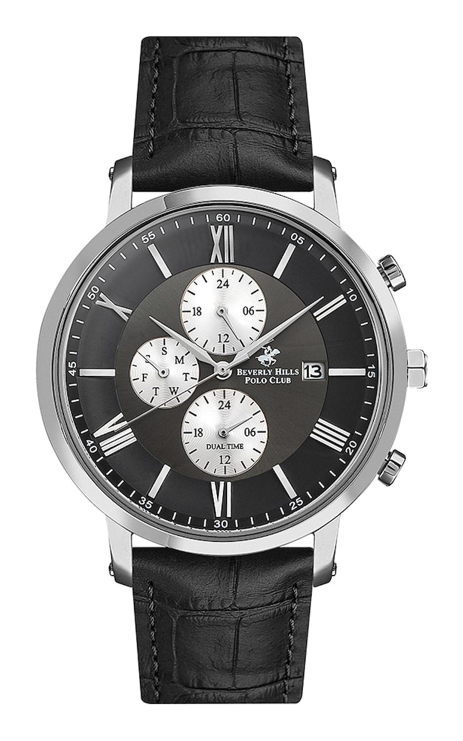Beverly Hills Polo Club BP3116X361 Takvimli 46 mm Siyah Deri Kordon Analog Erkek Kol Saati