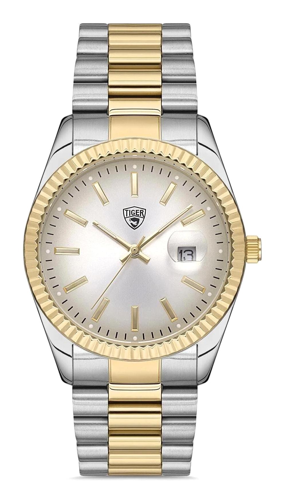 Tiger TI-585A-01 Takvimli 44 mm Altın-Çelik Kordon Analog Erkek Kol Saati