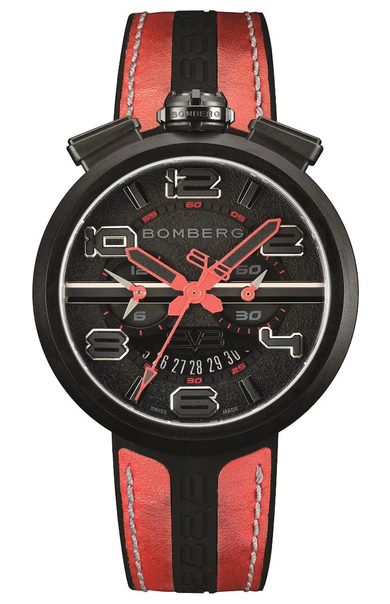 Bomberg BB-RS45CHPBA223 Takvimli 45 mm Siyah-Kırmızı Deri Kordon Analog Erkek Kol Saati