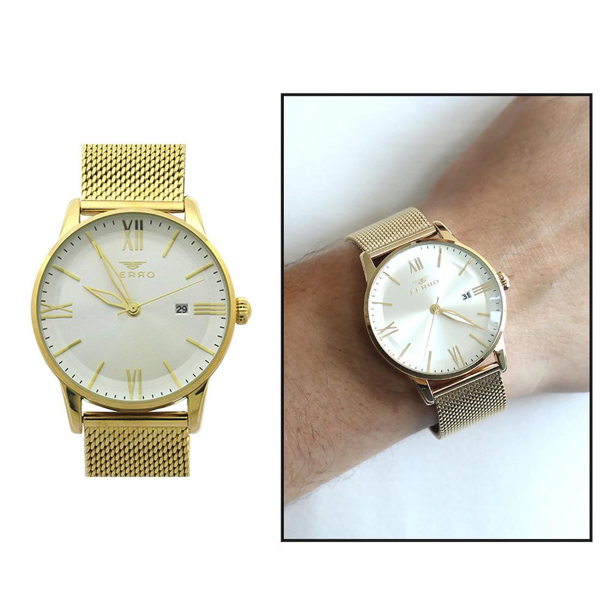 Ferro TH-F11182C-B Takvimli 44 mm Altın Çelik Kordon Analog Erkek Kol Saati