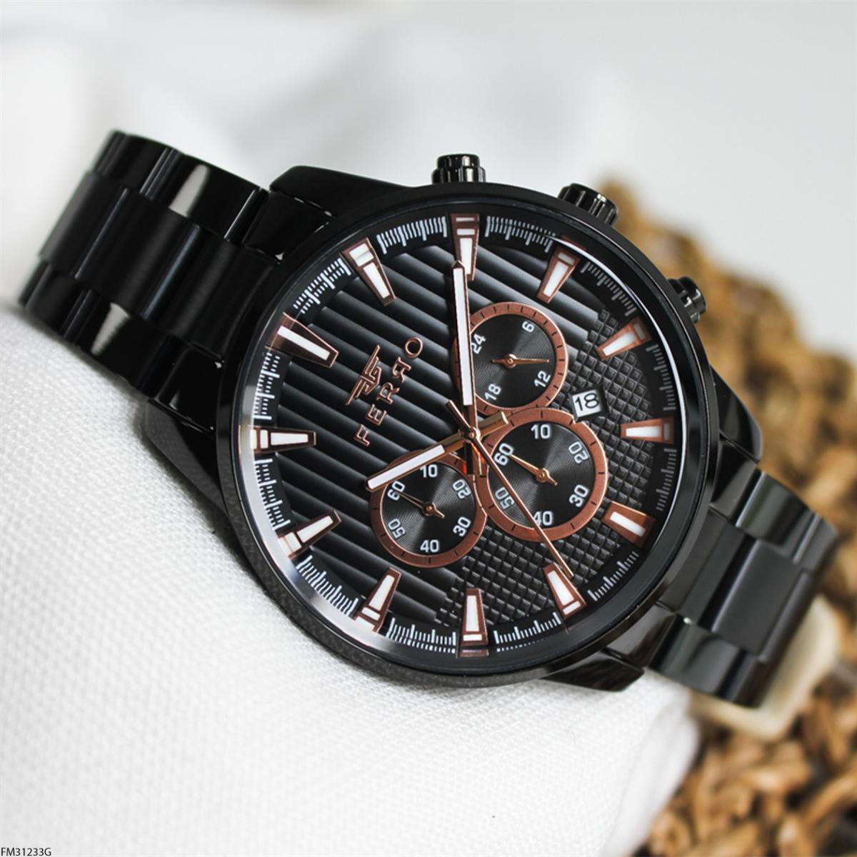 Ferro FM31233G Takvimli 45 mm Siyah Metal Kordon Analog Erkek Kol Saati