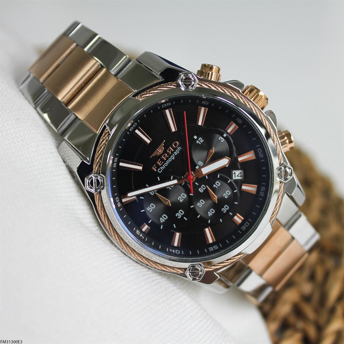 Ferro FM31300E3 Takvimli 44 mm Gri-Rose Gold Çelik Kordon Analog Erkek Kol Saati