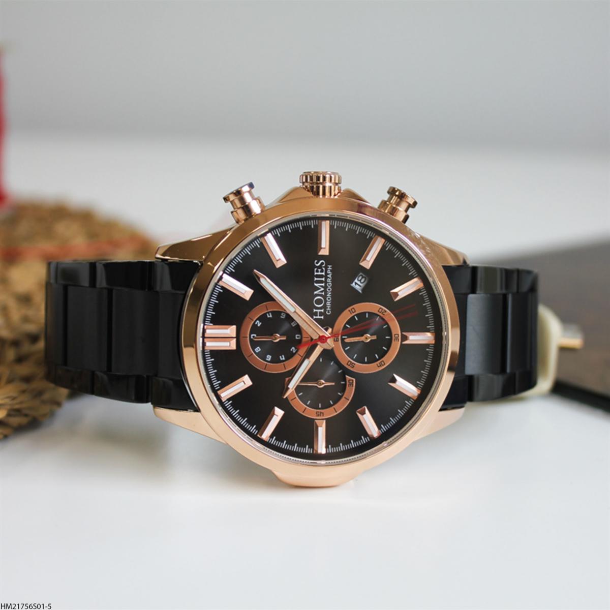 Homies HM21756S01-5 Pusulalı Takvimli Siyah Çelik Kordon Analog Erkek Kol Saati