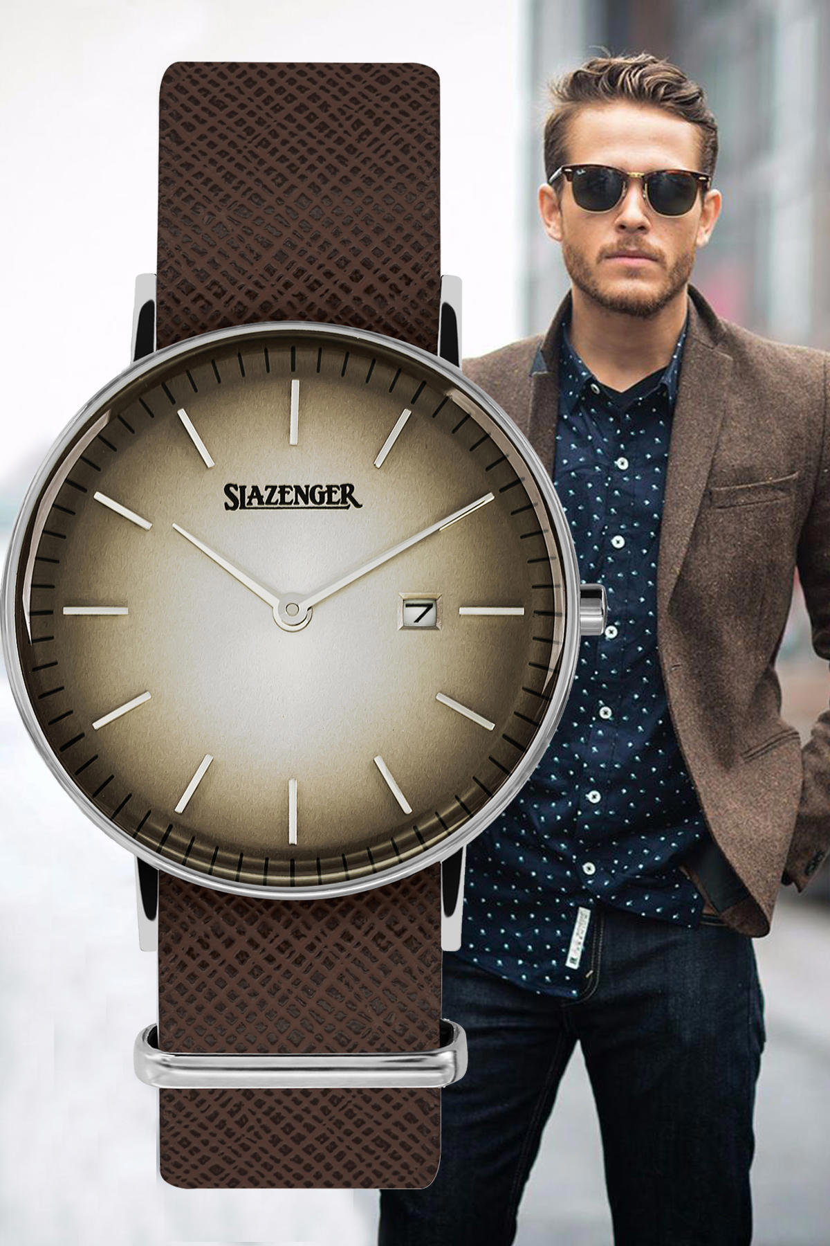 Slazenger SL.09.1970.1.02 Takvimli 40 mm Kahverengi Deri Kordon Analog Erkek Kol Saati