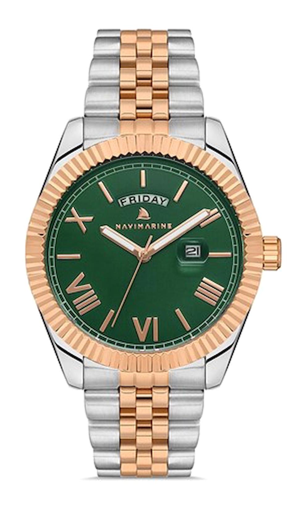 Navimarine NVM55-E10 Takvimli 42 mm Gri-Rose Gold Çelik Kordon Analog Kol Saati