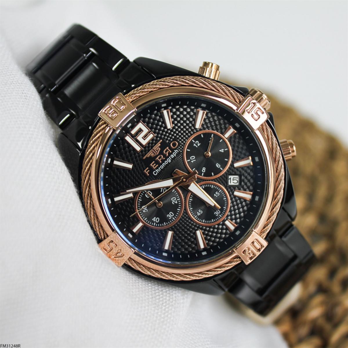 Ferro FM31248R Takvimli 45 mm Siyah Çelik Kordon Analog Erkek Kol Saati