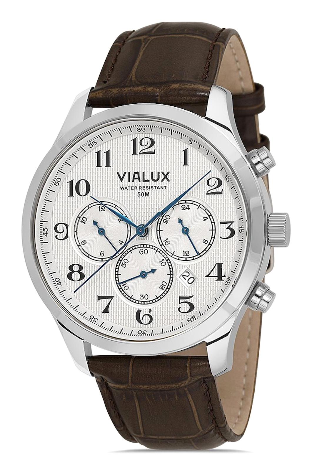 Vialux VX569S-01KS Takvimli 44 mm Kahverengi Deri Kordon Analog Erkek Kol Saati