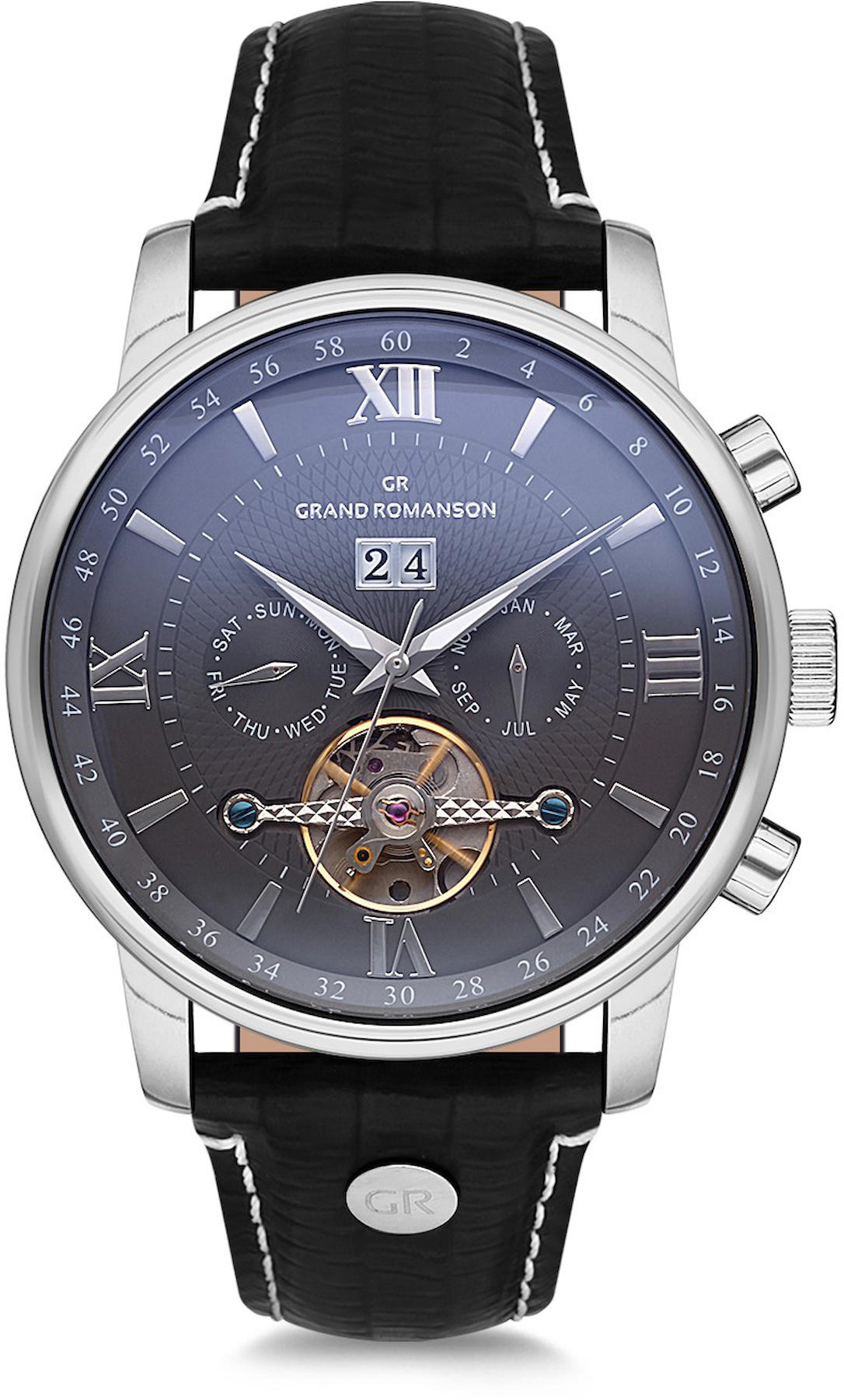 Romanson GR.1.AG1046.06 Takvimli 48 mm Siyah Deri Kordon Analog Kol Saati