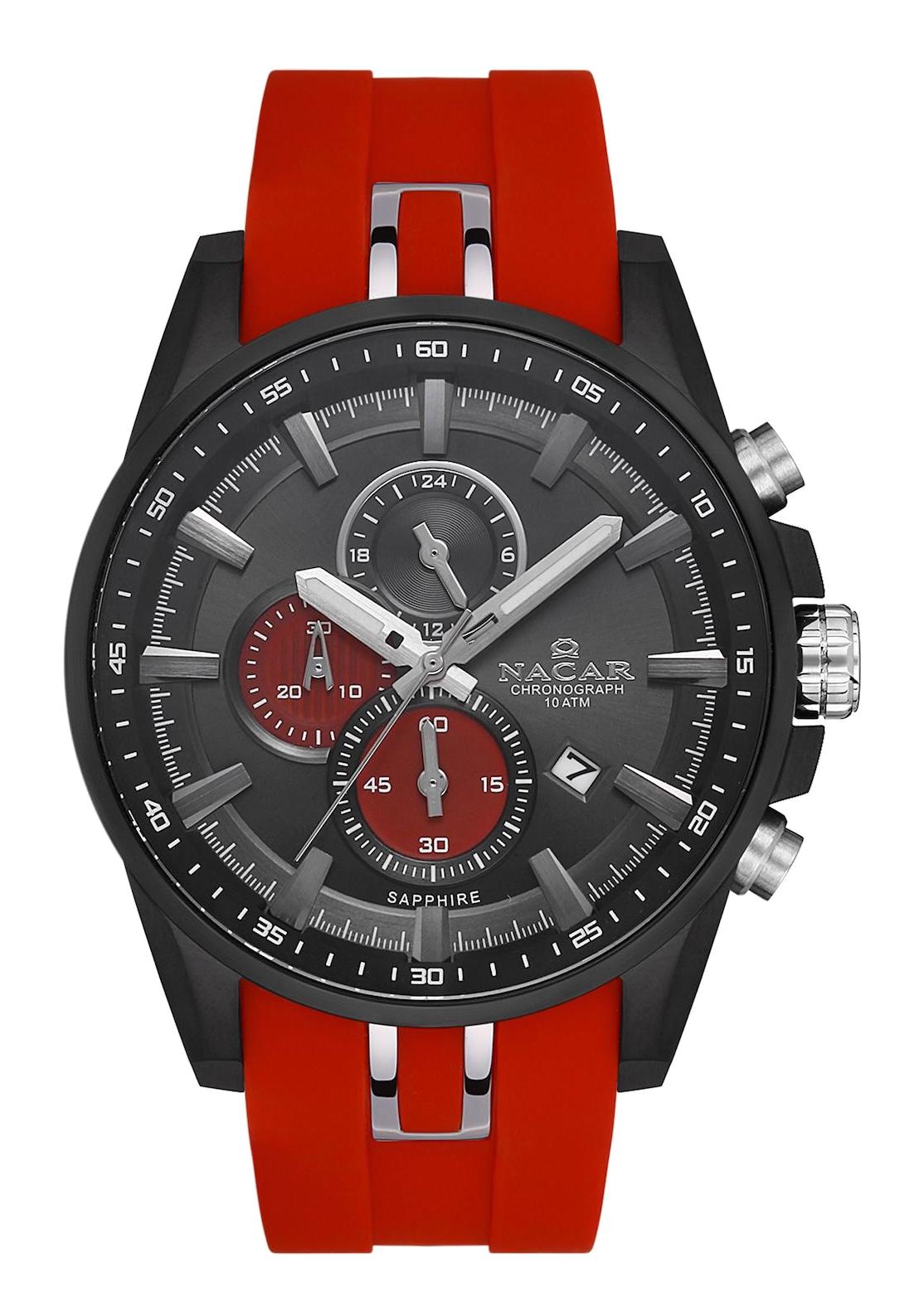 Nacar 38296338BBBS4 Takvimli 44 mm Kırmızı Çelik Kordon Analog Kol Saati