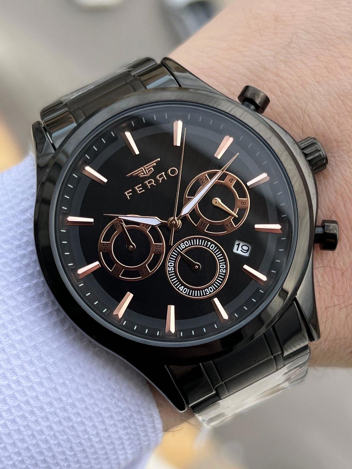 Ferro XF0028 Su Geçirmez Takvimli 44 mm Siyah Çelik Kordon Analog Erkek Kol Saati