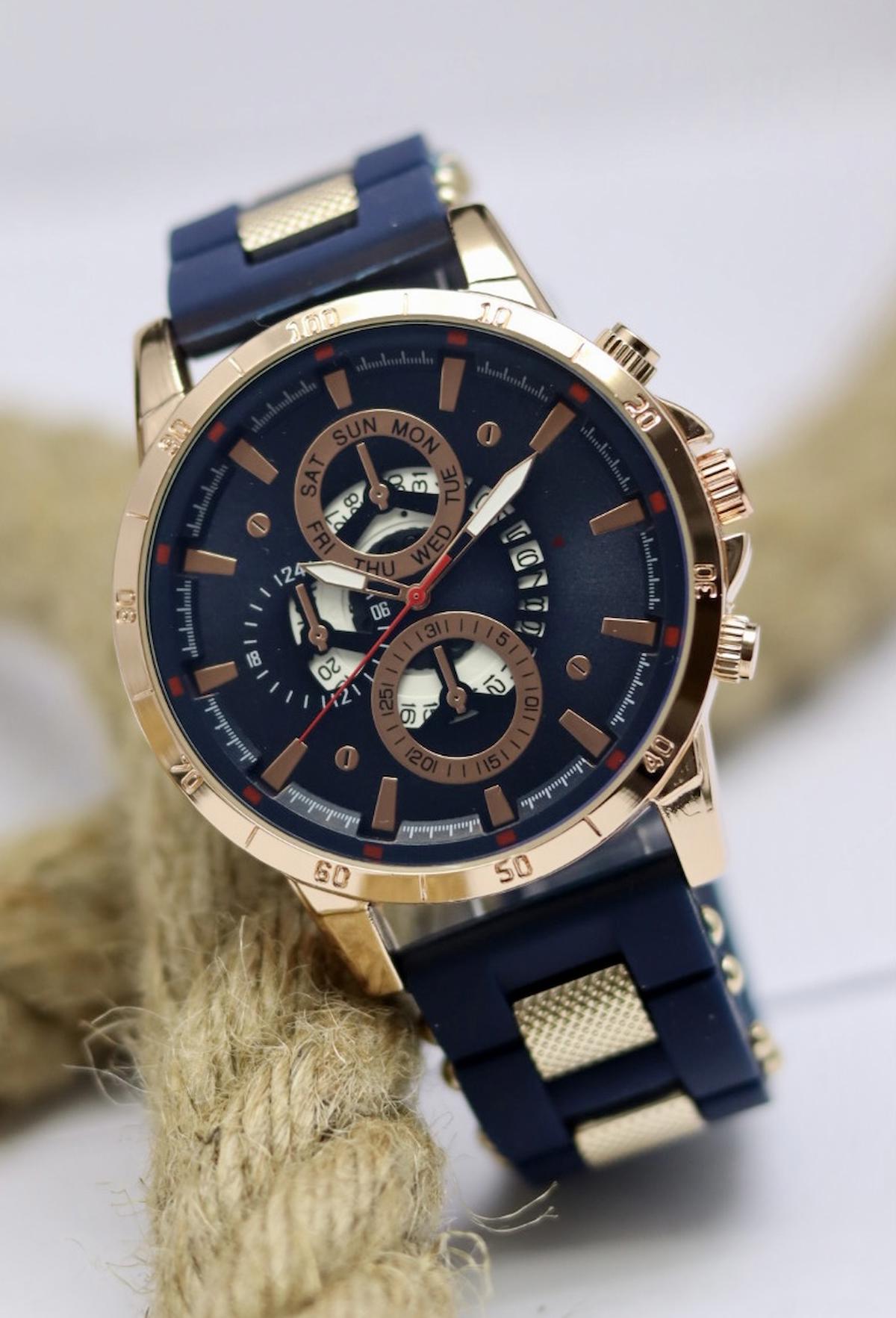 Şahmat MAT-238 Takvimli 42 mm Altın-Lacivert Silikon Kordon Analog Erkek Kol Saati