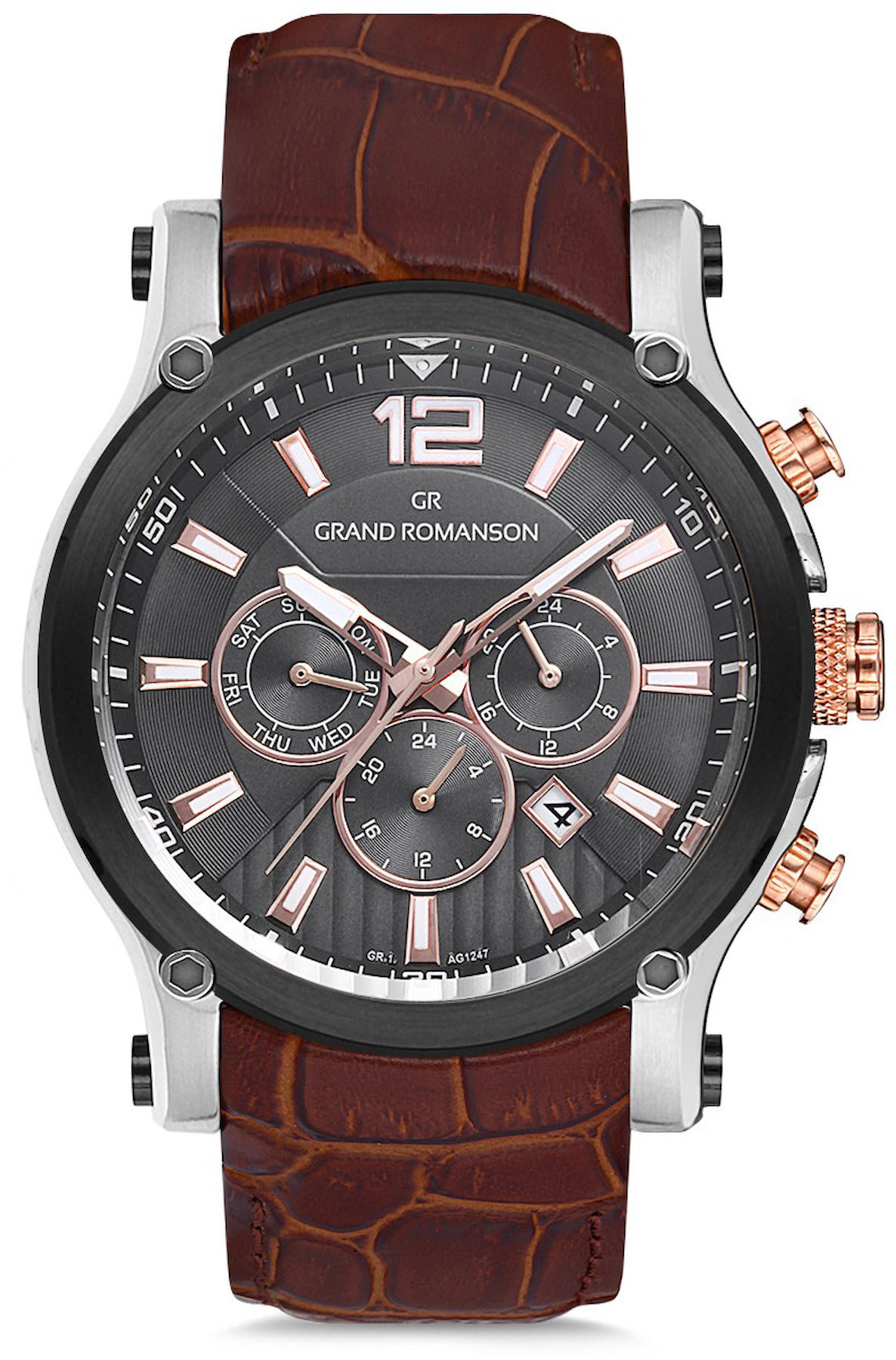 Romanson GR.1.AG1247.07 Takvimli 43 mm Kahverengi Deri Kordon Analog Kol Saati
