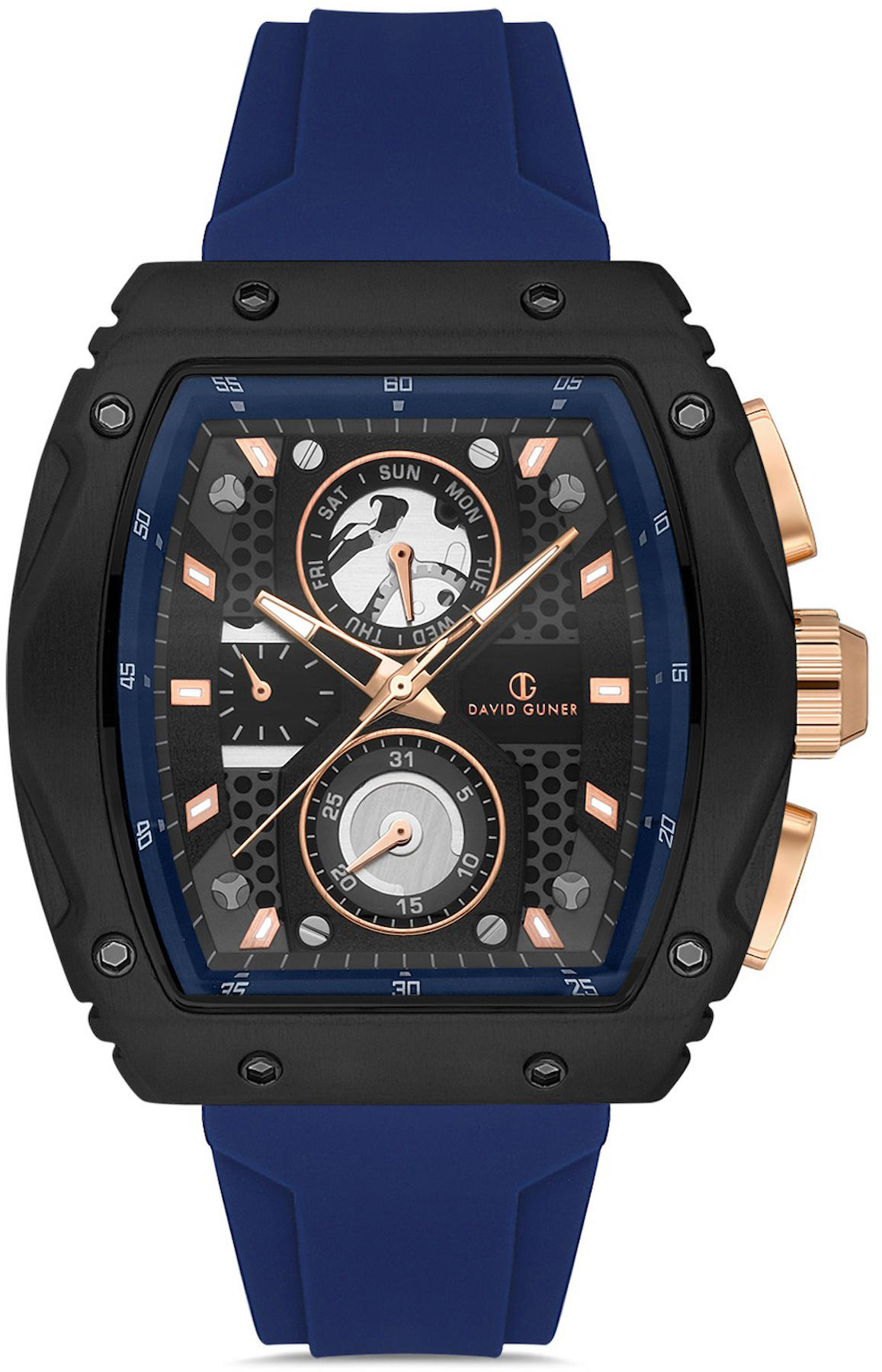 David Guner DG-8487GD-ZA2 Takvimli 42 mm Lacivert Silikon Kordon Analog Kol Saati