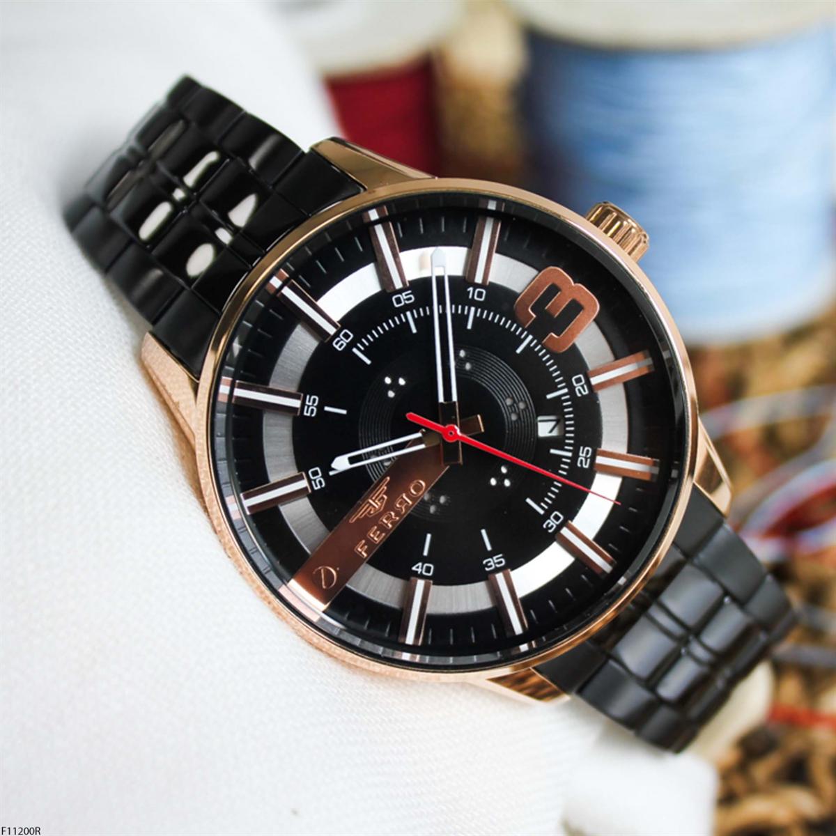 Ferro F11200R Takvimli 45 mm Siyah Çelik Kordon Analog Erkek Kol Saati