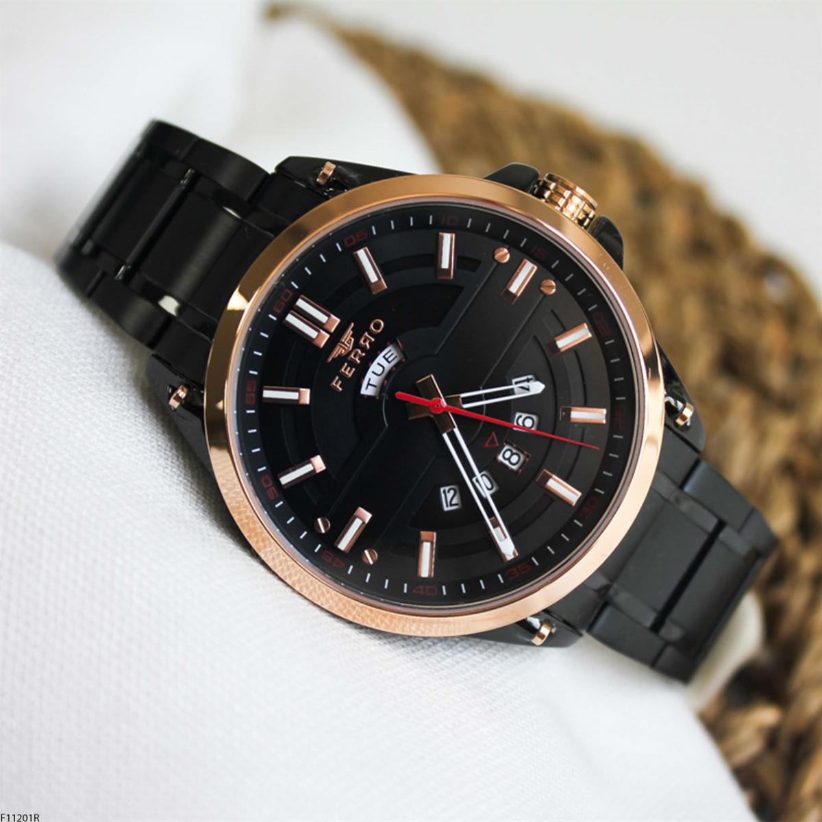 Ferro F11201R Takvimli 45 mm Siyah Metal Kordon Analog Erkek Kol Saati