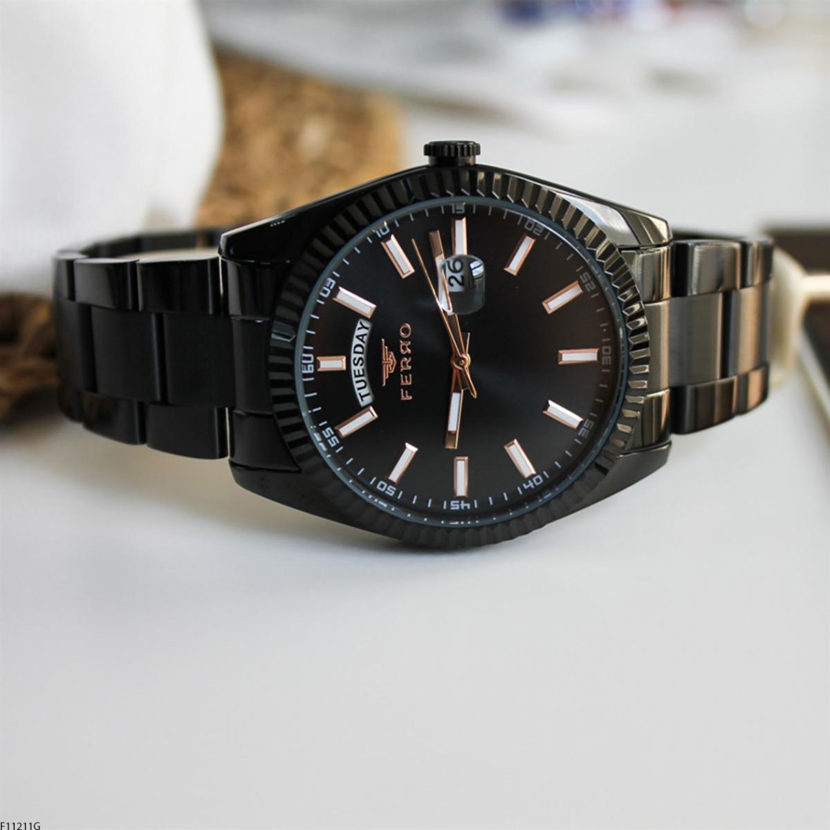 Ferro F11211G Takvimli 41 mm Siyah Metal Kordon Analog Erkek Kol Saati