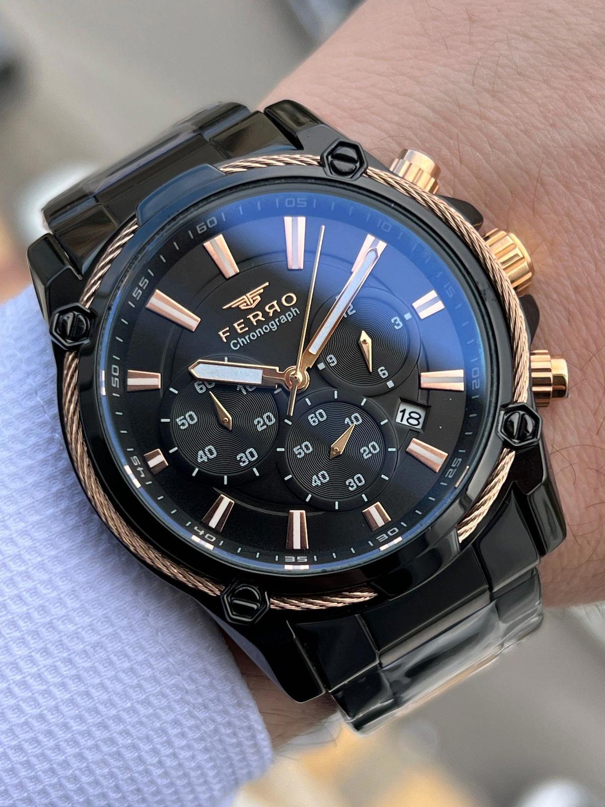 Ferro XF0050 Su Geçirmez Takvimli 44 mm Siyah Çelik Kordon Analog Erkek Kol Saati