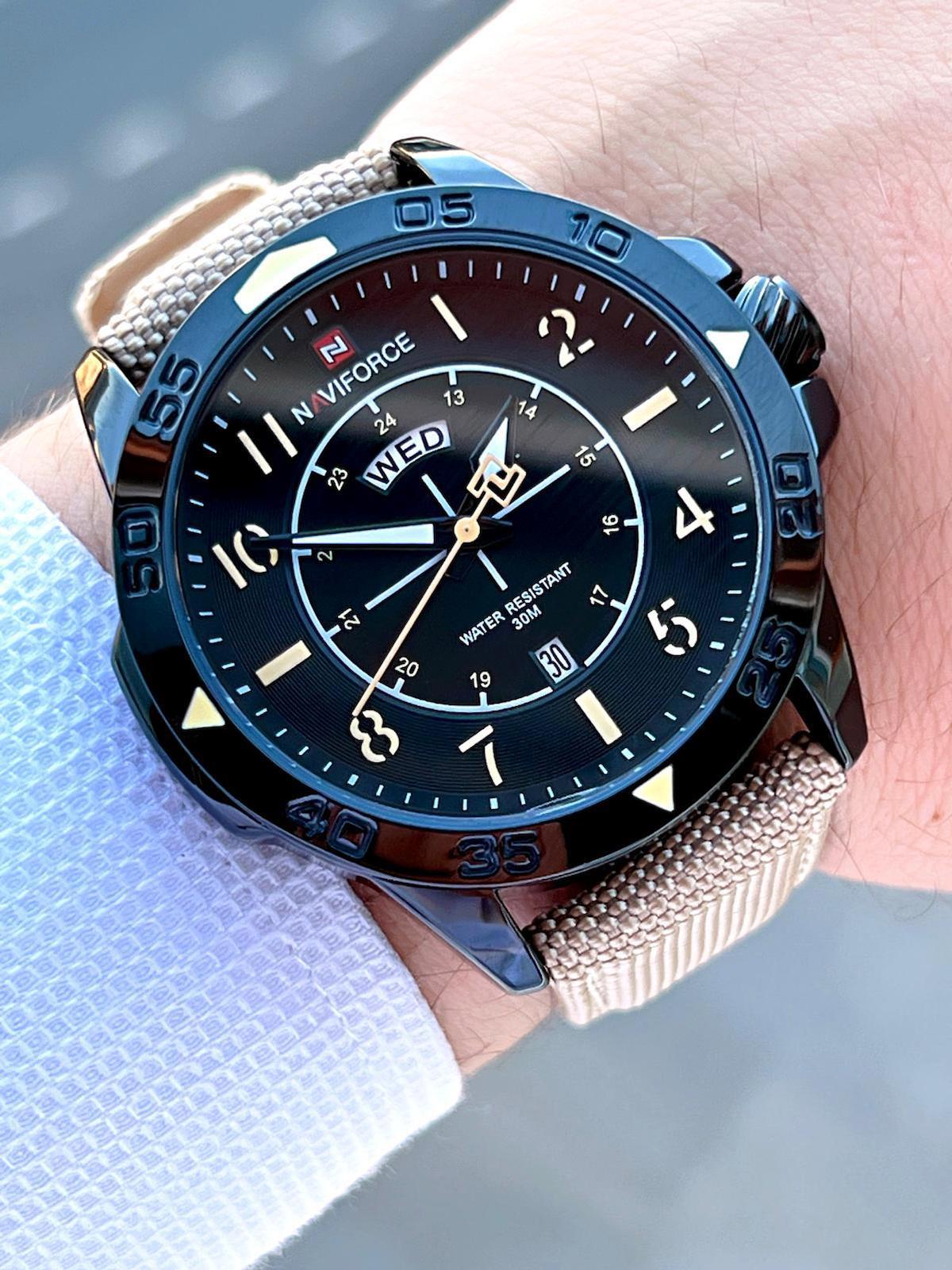 Naviforce ENF9204G Takvimli 45-48 mm Bej Deri Kordon Analog Erkek Kol Saati