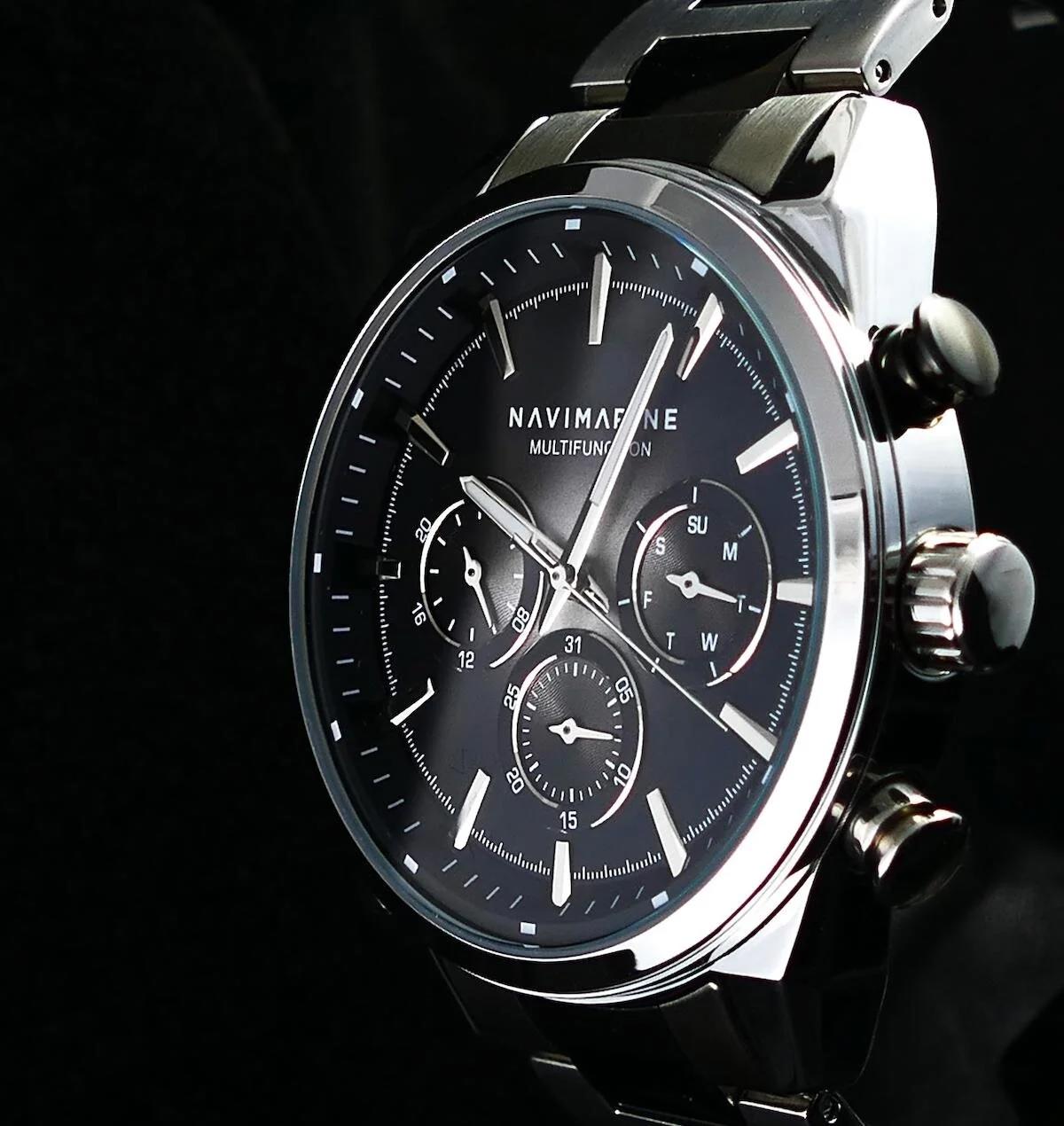 Navimarine NM154-02 Pusulalı Takvimli 44 mm Siyah Çelik Kordon Analog Kol Saati