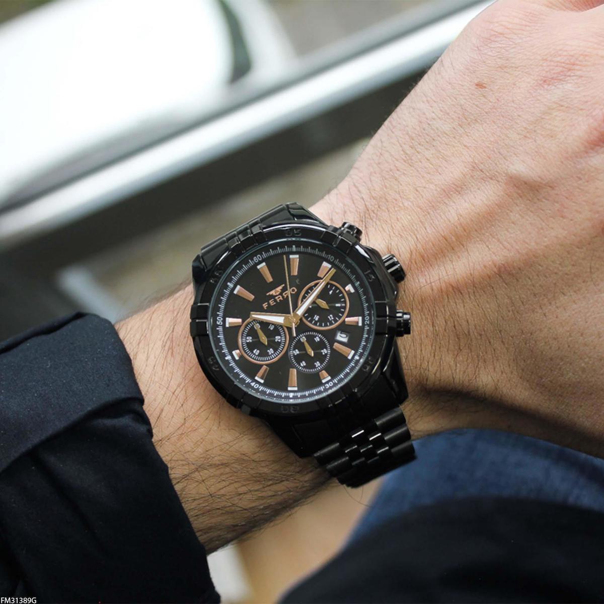 Ferro FM31389G Takvimli 44 mm Siyah Çelik Kordon Analog Erkek Kol Saati