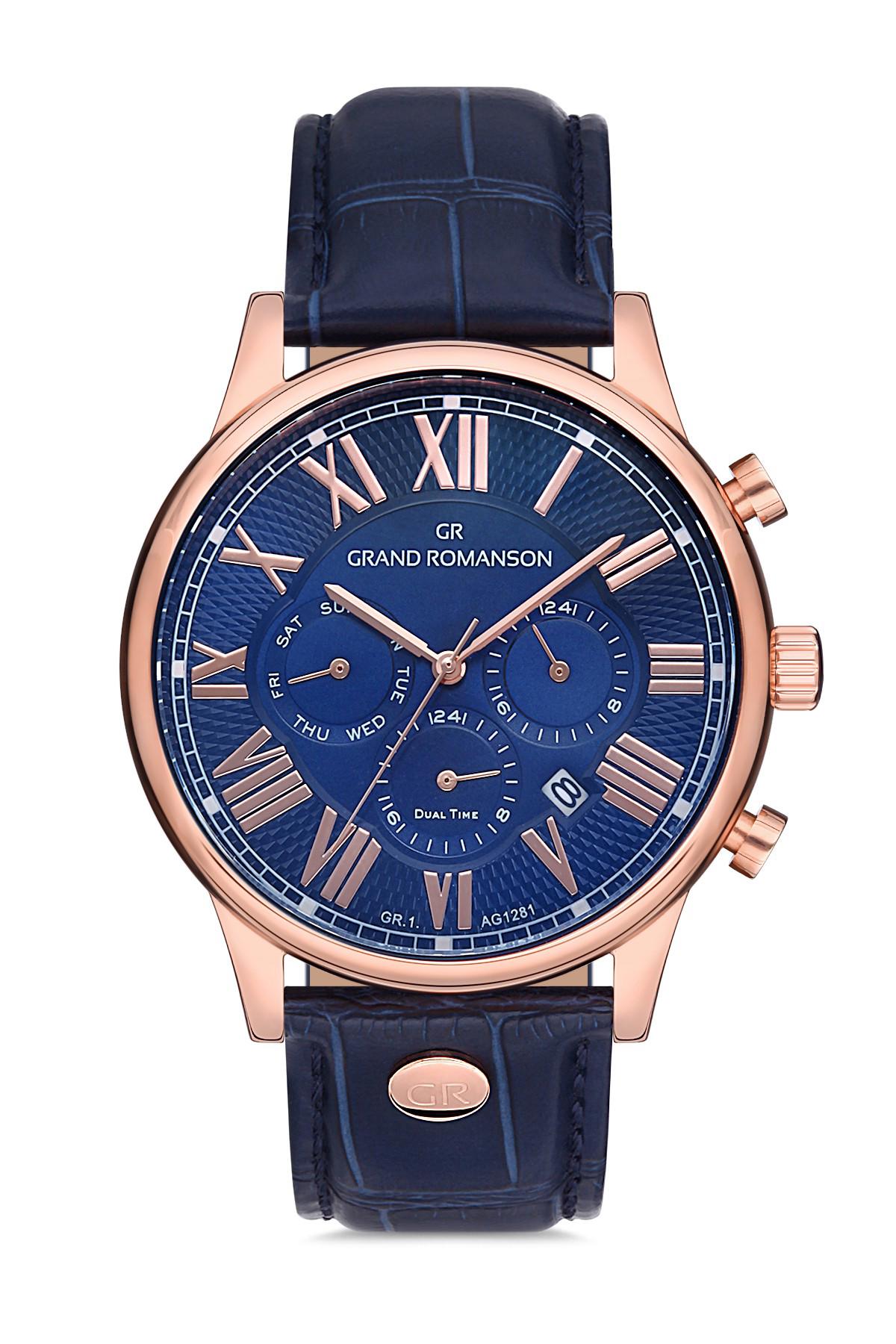 Romanson GR.1.AG1281.04 Takvimli 42 mm Lacivert Deri Kordon Analog Erkek Kol Saati