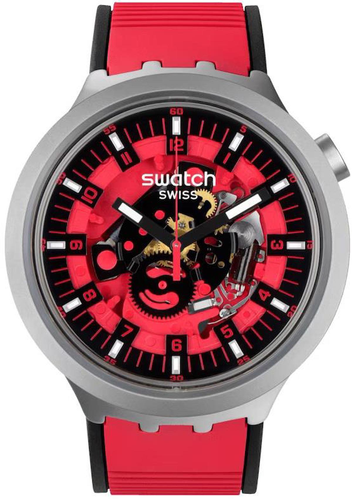 Swatch SB07S110 Takvimli 44 mm Kırmızı-Siyah Silikon Kordon Analog Erkek Kol Saati