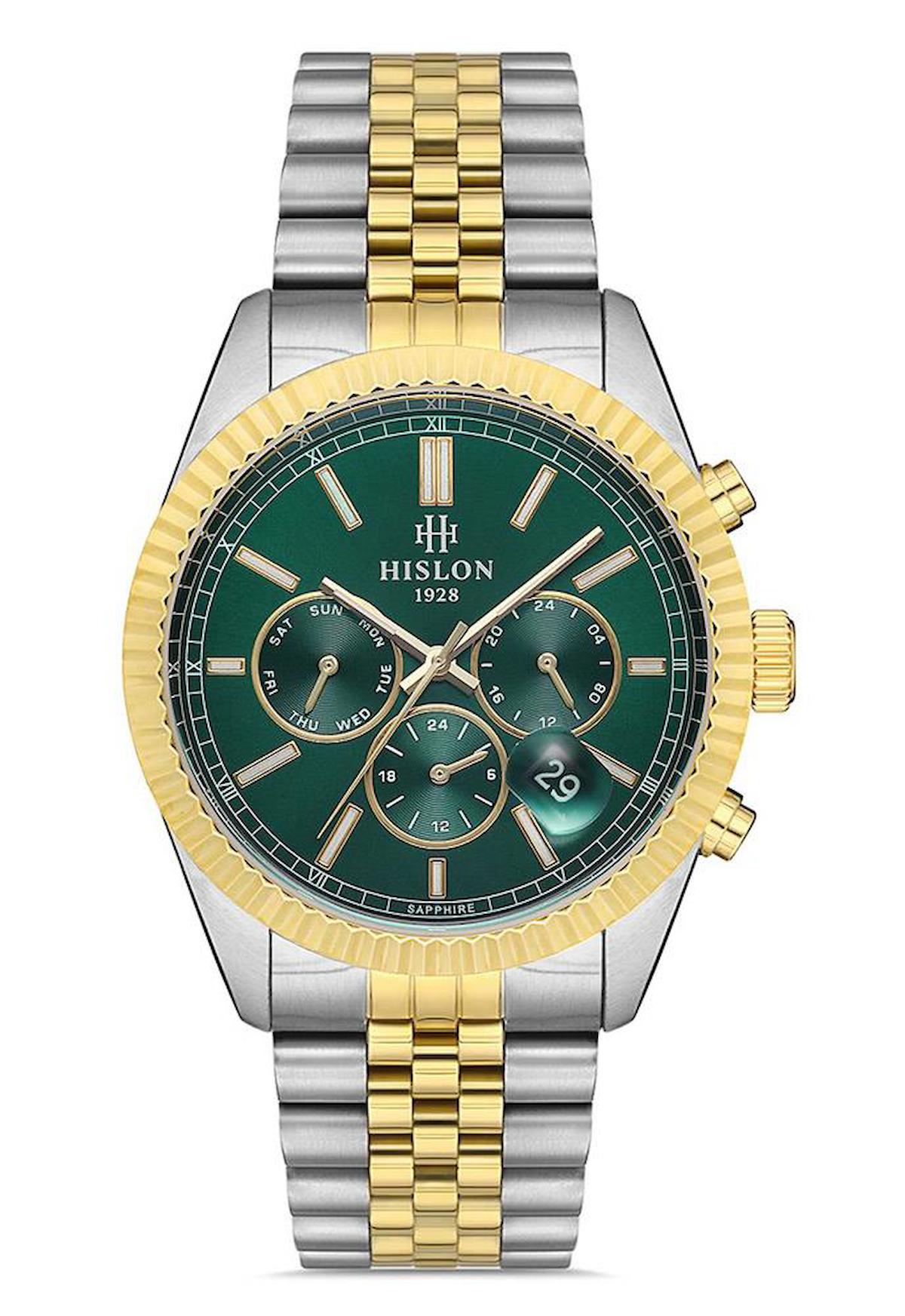 Hislon DT117T-15SG Pusulalı Takvimli 43 mm Altın-Çelik Kordon Analog Erkek Kol Saati
