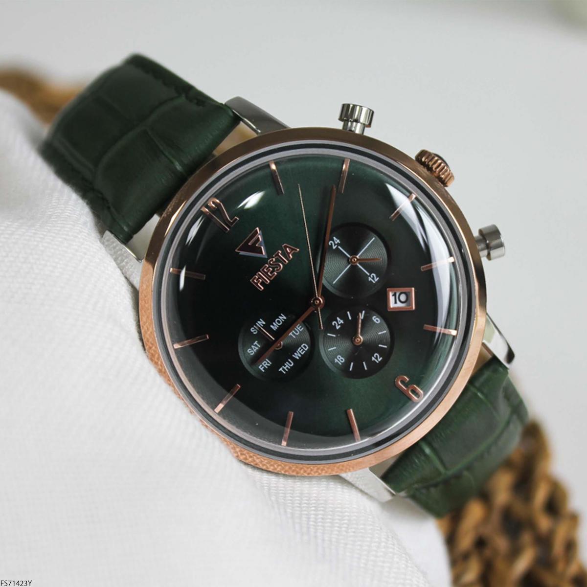 Fiesta FS71423Y Takvimli 45 mm Yeşil Deri Kordon Analog Erkek Kol Saati